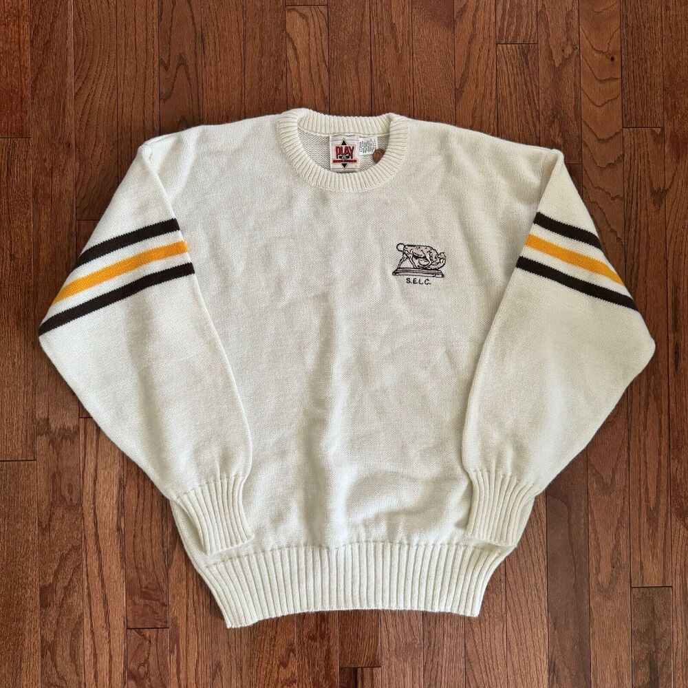 VTG 80s Cliff Engle Embroidered Sweater Wool Size XL Made In USA Striped